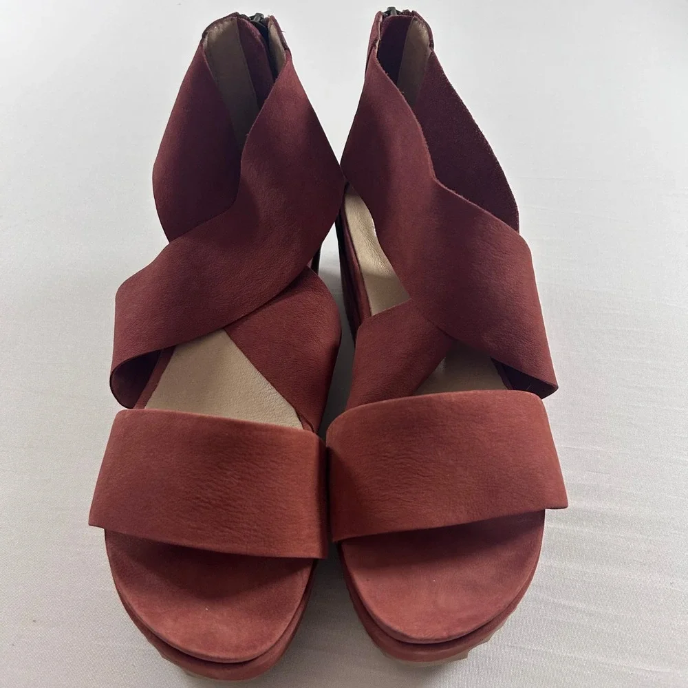 Eileen Fisher Elon Platform Wedge Sandals Womens 8.5 Dusty Red Nubuck Leather